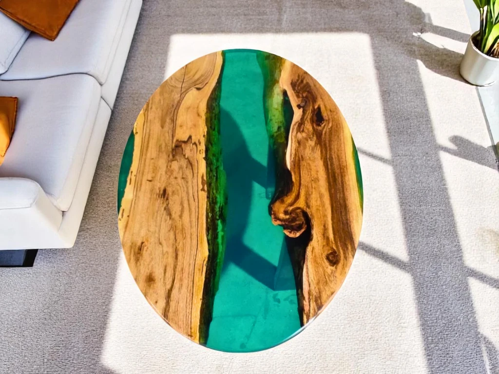 Green Epoxy Wood Oval Table Top – Unique Handmade Design